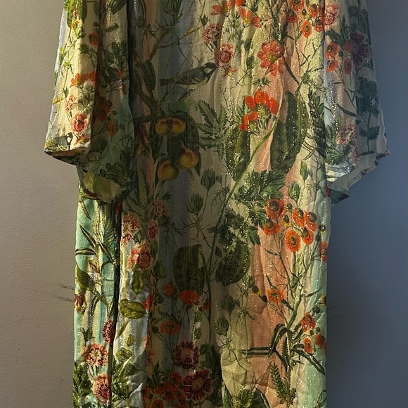 JUST BELLINA Julee Chinoiserie Bird Metallic  KAFTAN DRESS Sunkist New - Picture 2 of 9